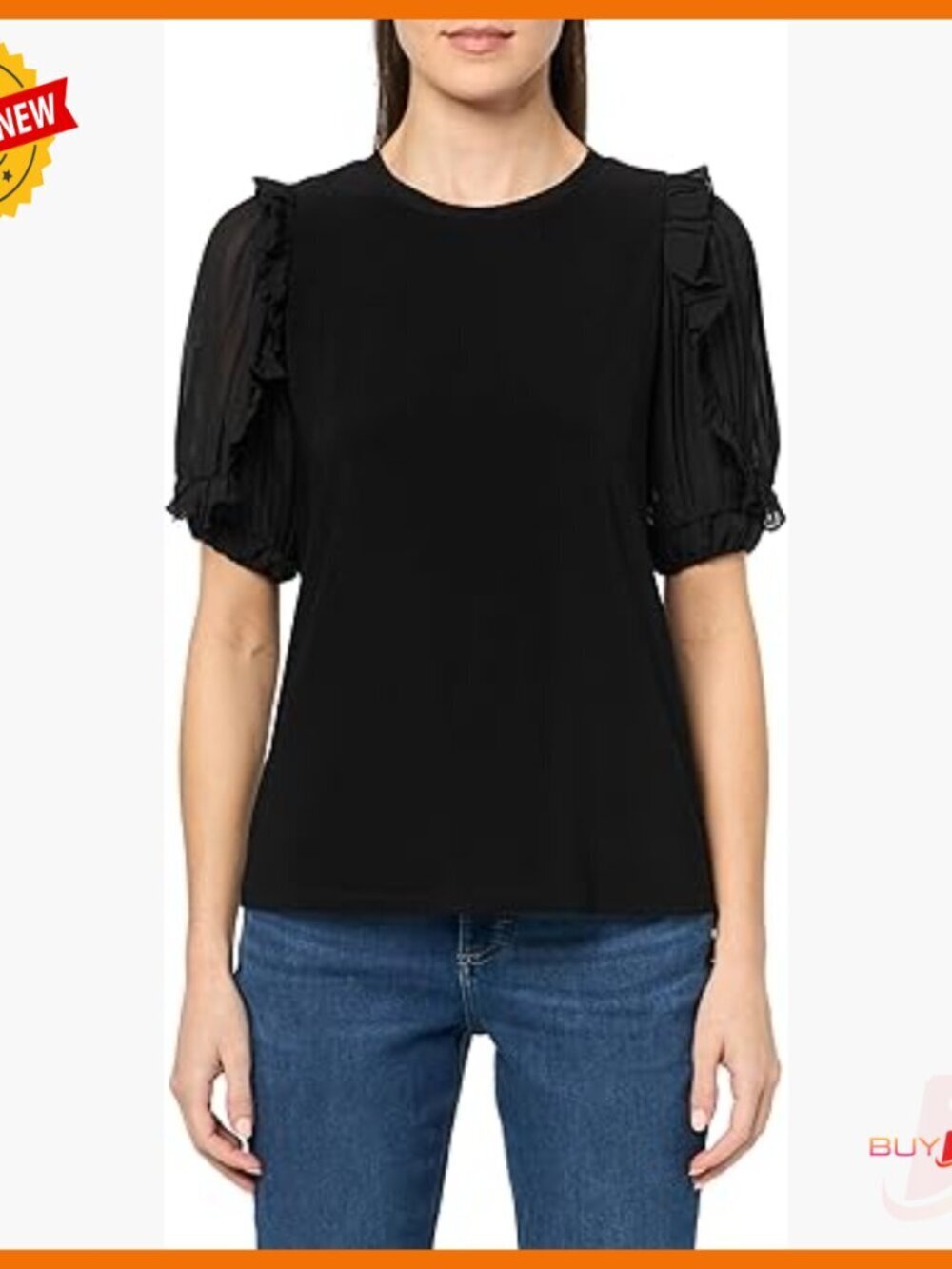 Short Sleeve V-Neck T-Shirt with Ruffle Detail, Regular Fit